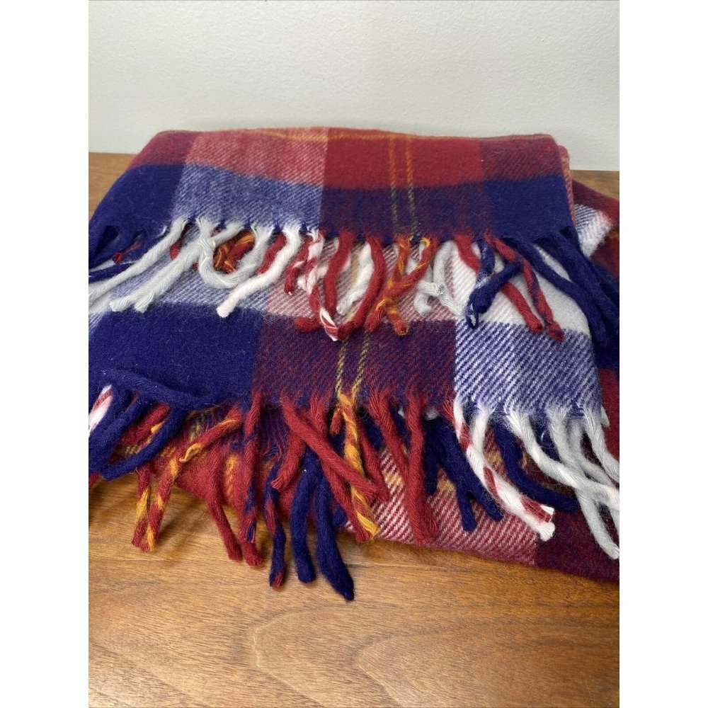 Faribo Plaid Blanket Maroon Navy Blue Fringe Acrylic USA Faribault Woolin Mills